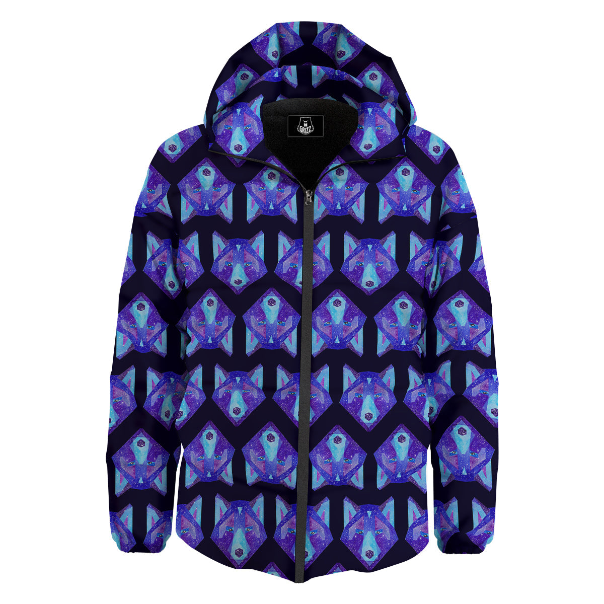 Cosmic Polygonal Wolf Print Pattern Down Jacket-grizzshop