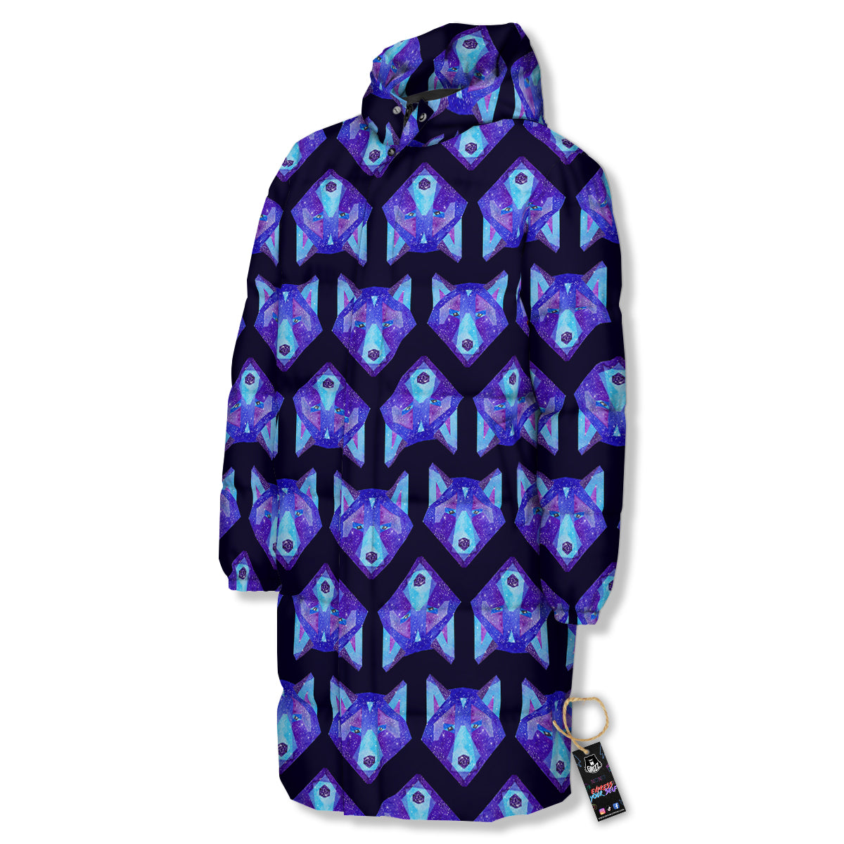 Cosmic Polygonal Wolf Print Pattern Long Down Jacket-grizzshop
