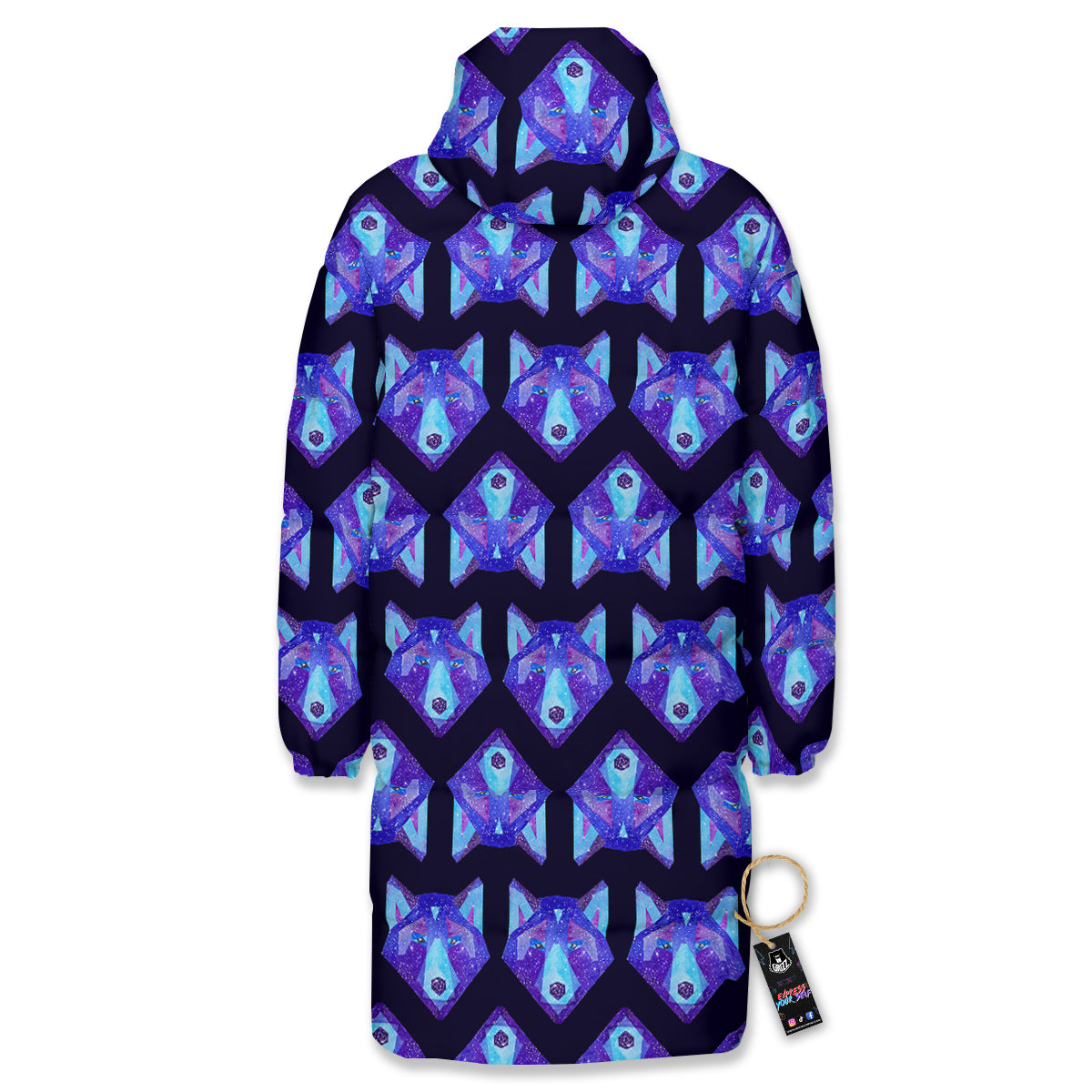 Cosmic Polygonal Wolf Print Pattern Long Down Jacket-grizzshop