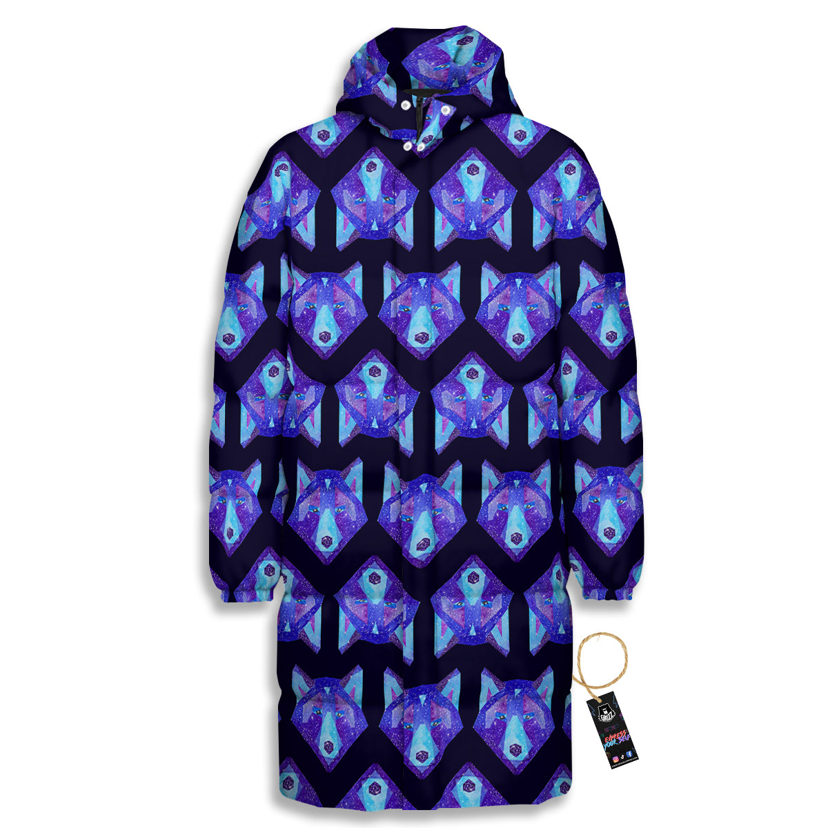 Cosmic Polygonal Wolf Print Pattern Long Down Jacket-grizzshop