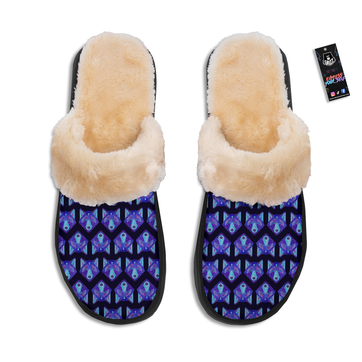 Cosmic Polygonal Wolf Print Pattern Slippers-grizzshop