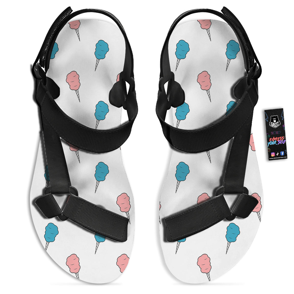 Cotton Candy Blue And Pink Print Pattern Black Open Toe Sandals-grizzshop