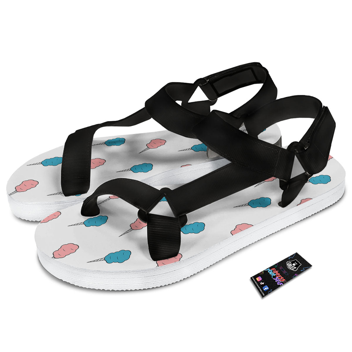 Cotton Candy Blue And Pink Print Pattern Black Open Toe Sandals-grizzshop