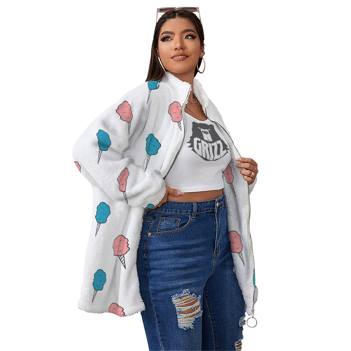 Cotton Candy Blue And Pink Print Pattern Women's Sherpa Jacket-grizzshop