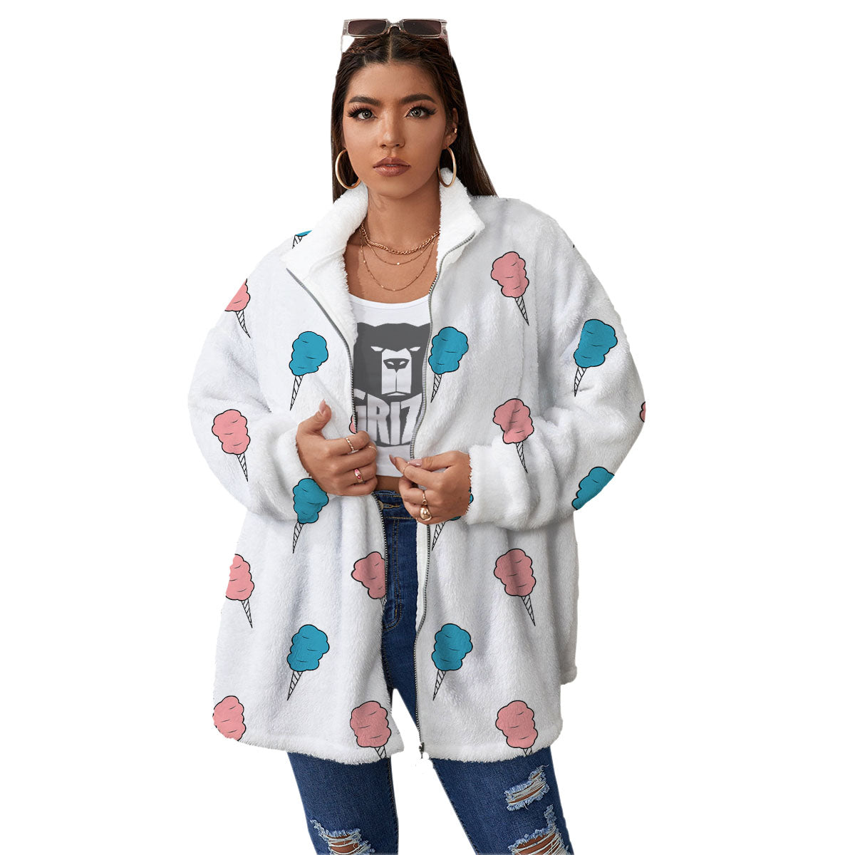 Cotton Candy Blue And Pink Print Pattern Women's Sherpa Jacket-grizzshop