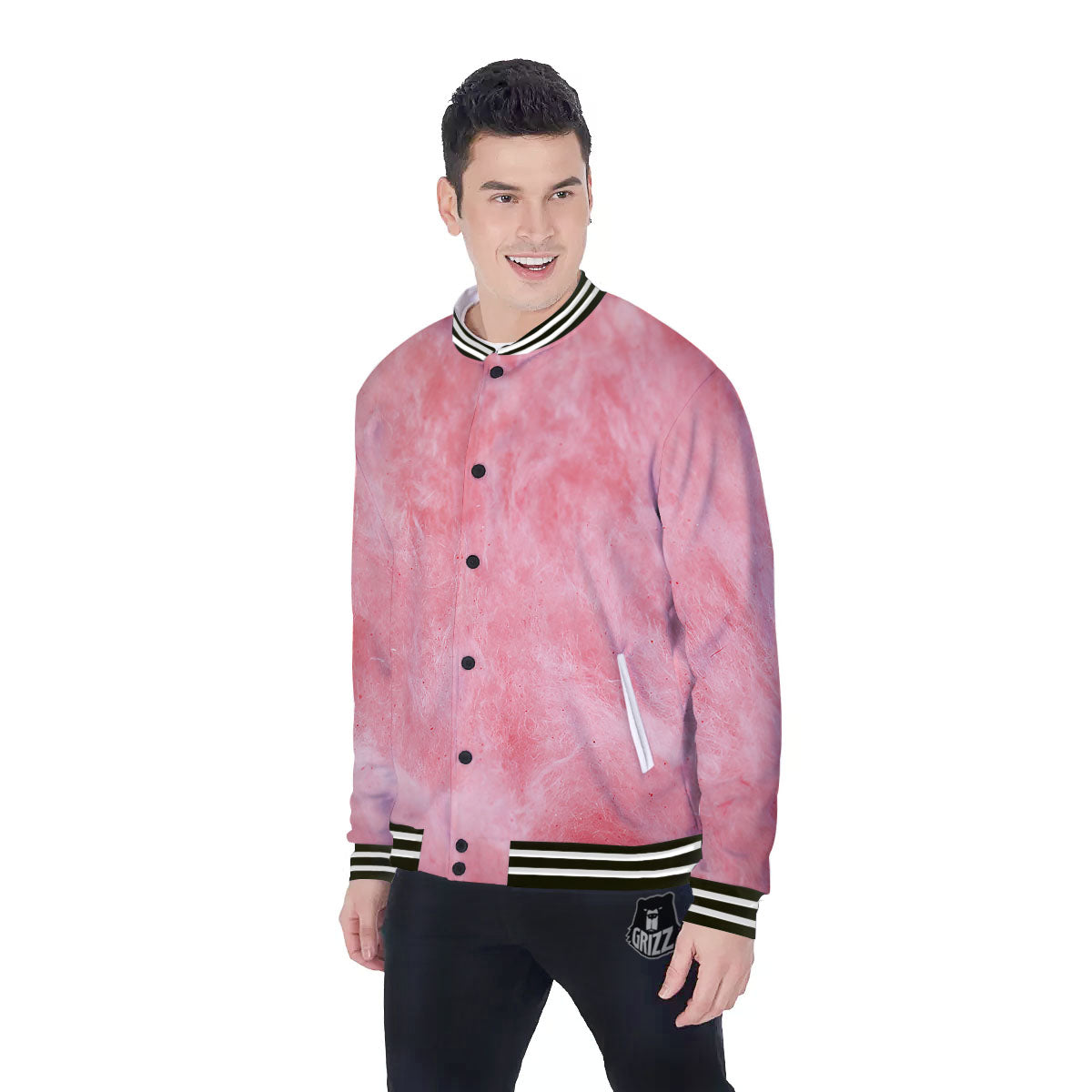 Cotton Candy Pink Print Baseball Jacket-grizzshop