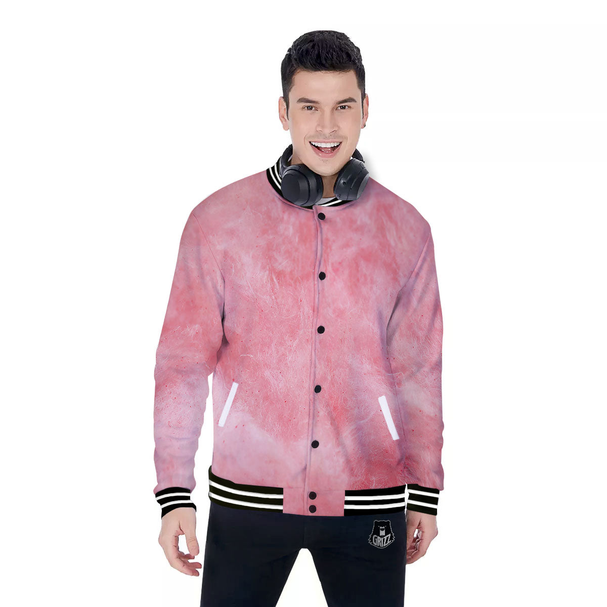 Cotton Candy Pink Print Baseball Jacket-grizzshop
