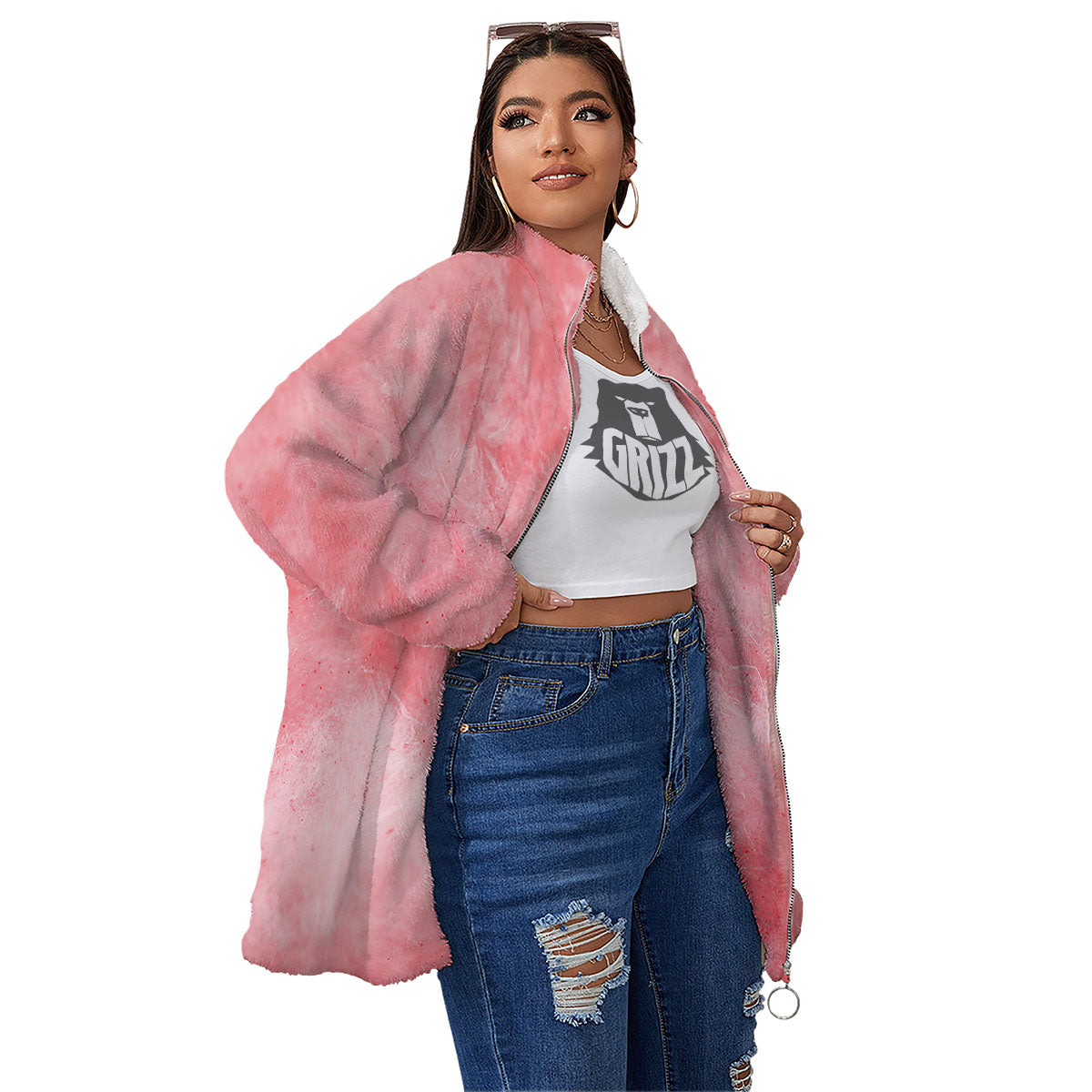 Cotton Candy Pink Print Women's Sherpa Jacket-grizzshop