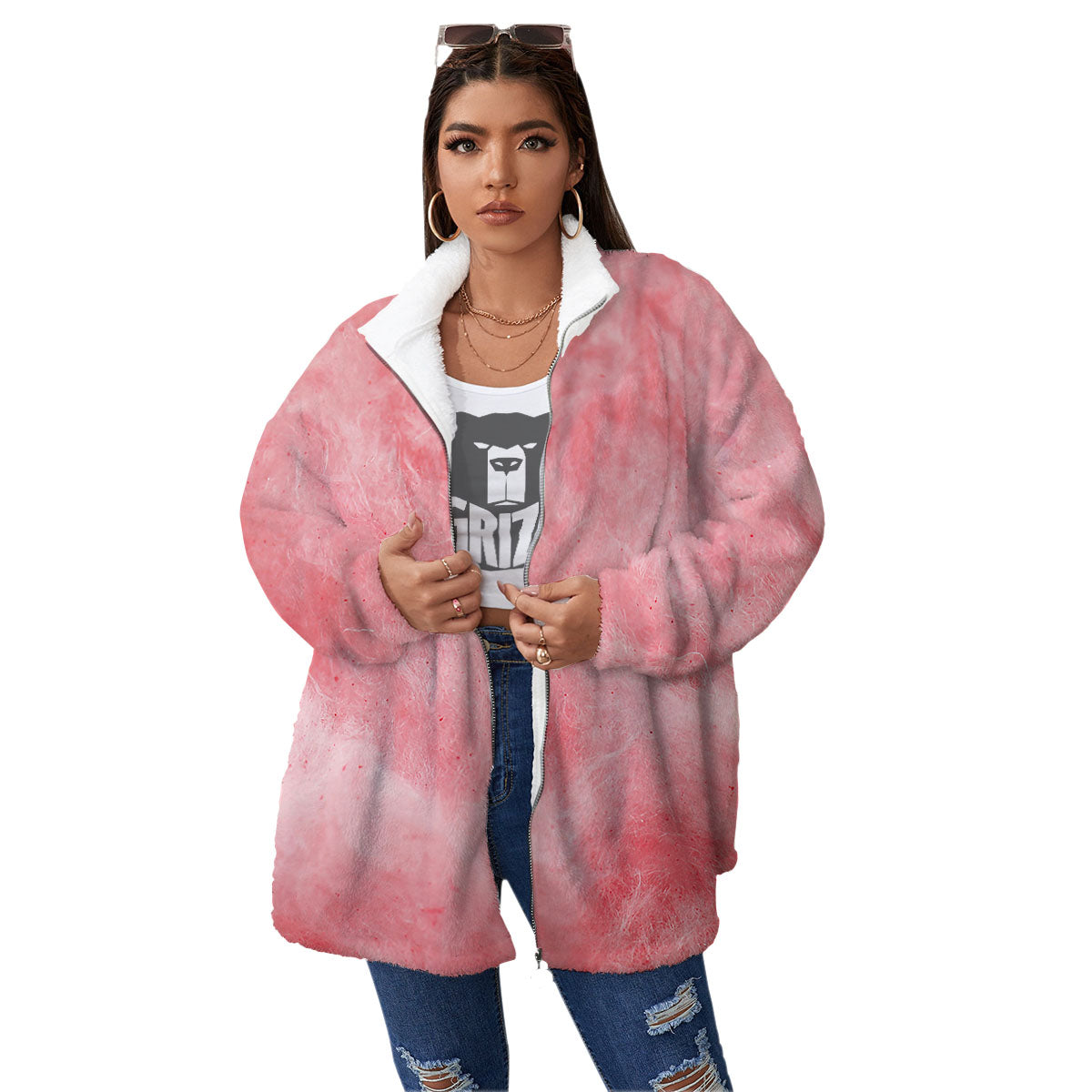 Cotton Candy Pink Print Women's Sherpa Jacket-grizzshop