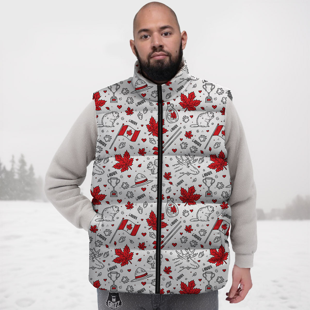 Country Canada Print Pattern Down Vest-grizzshop
