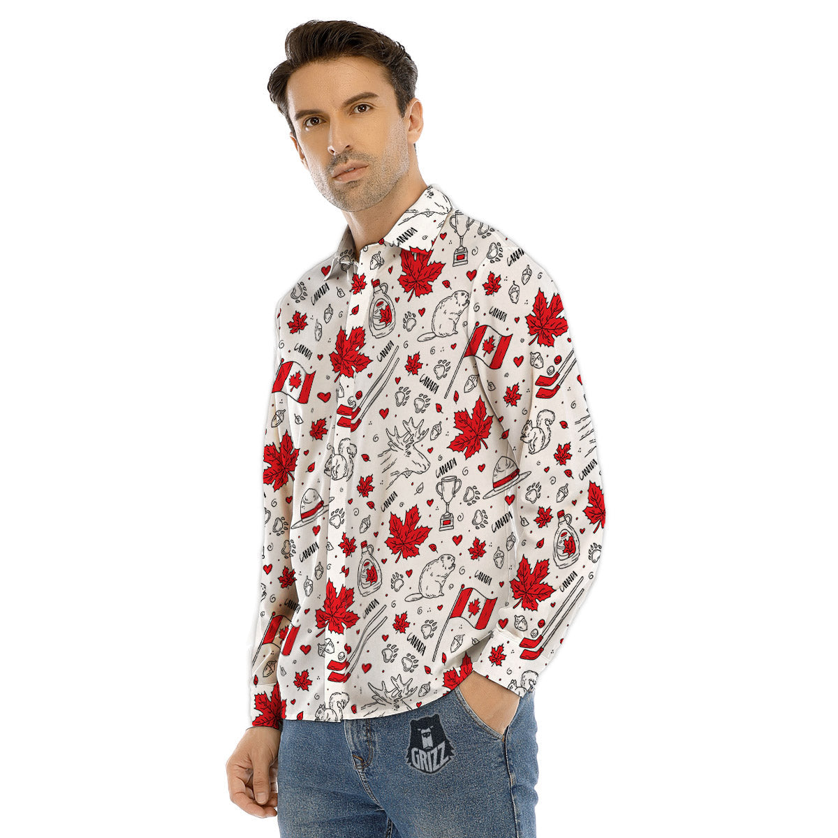 Country Canada Print Pattern Men's Dress Shirts-grizzshop