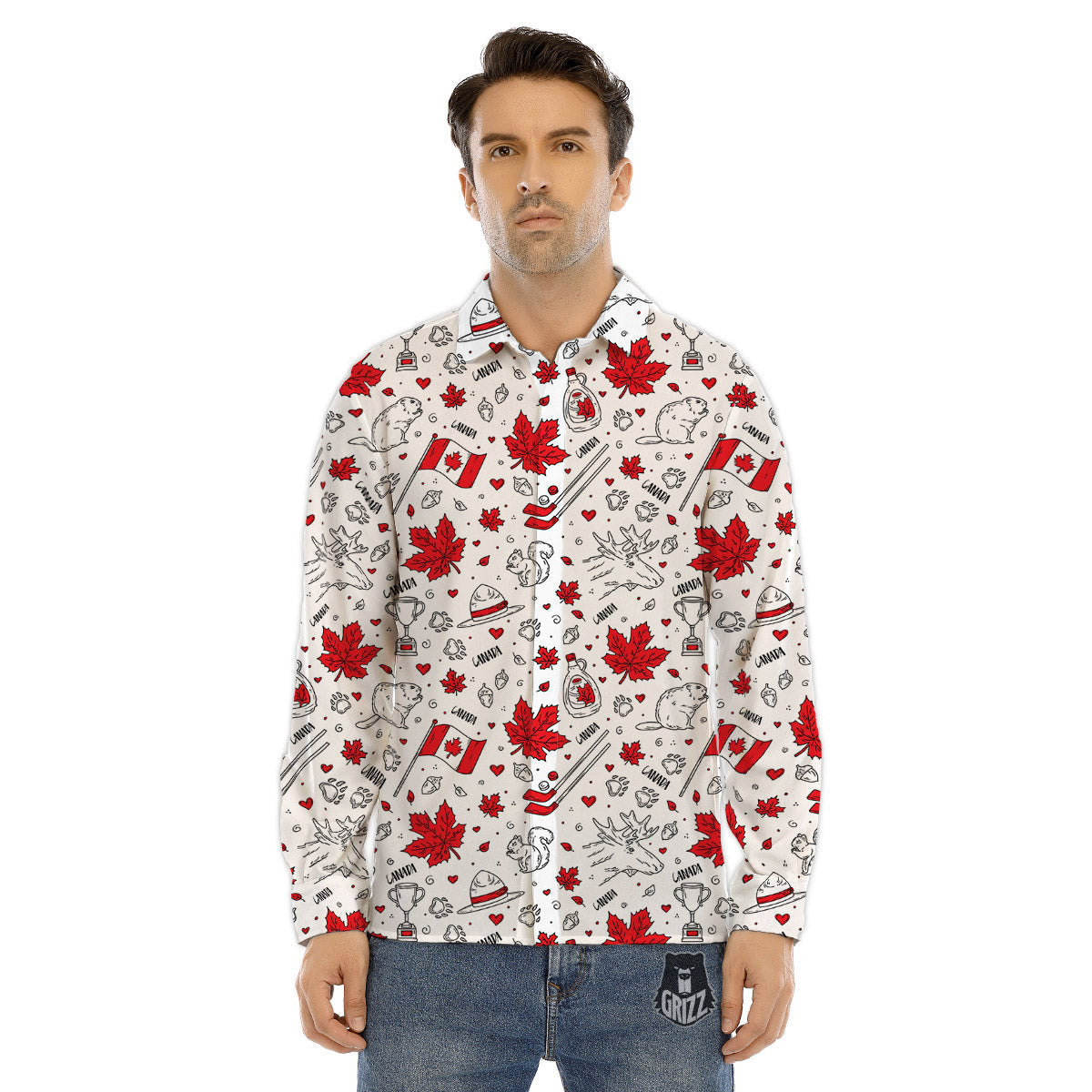 Country Canada Print Pattern Men's Dress Shirts-grizzshop