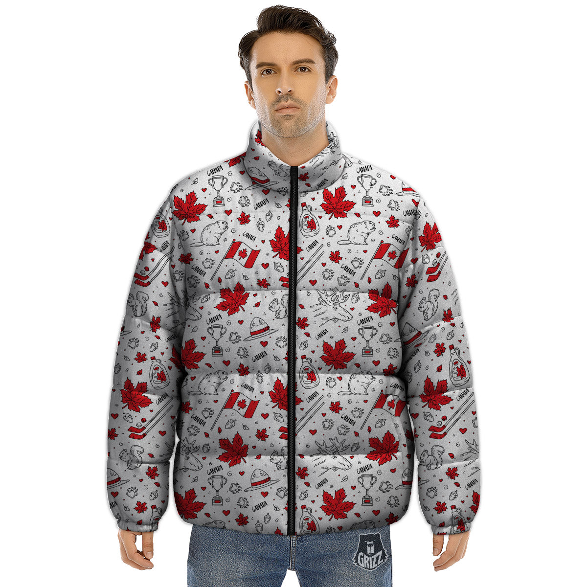 Country Canada Print Pattern Puffer Jacket-grizzshop