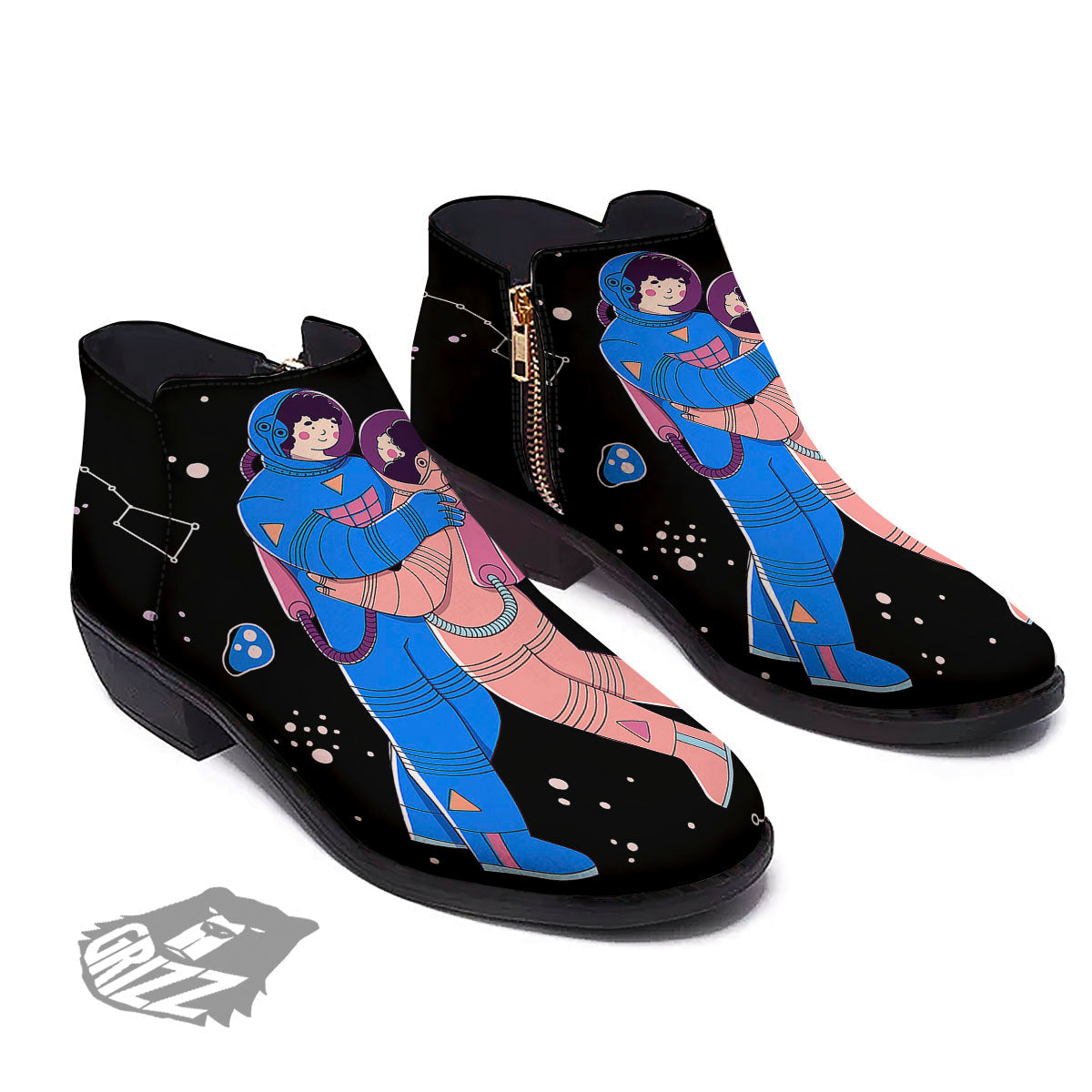Couple Astronaut Travel In Space Print Ankle Boots-grizzshop
