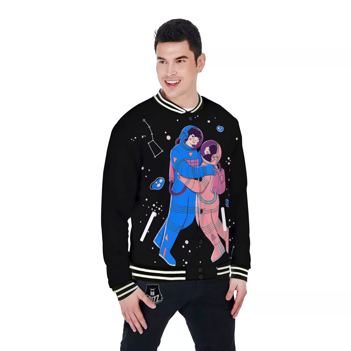 Couple Astronaut Travel In Space Print Baseball Jacket-grizzshop