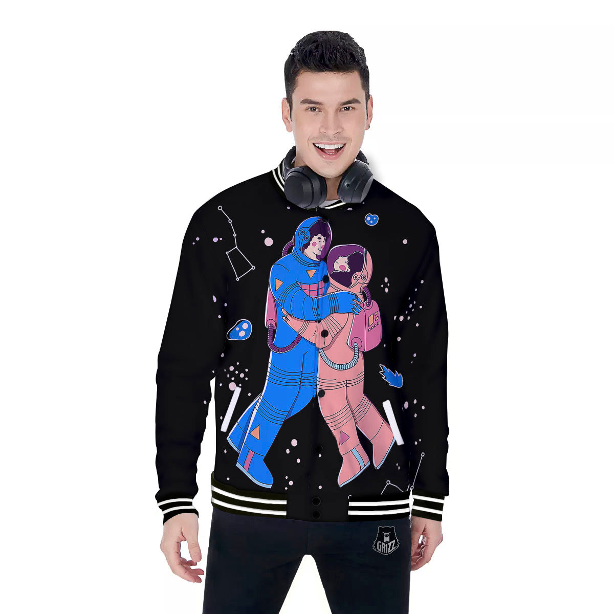 Couple Astronaut Travel In Space Print Baseball Jacket-grizzshop