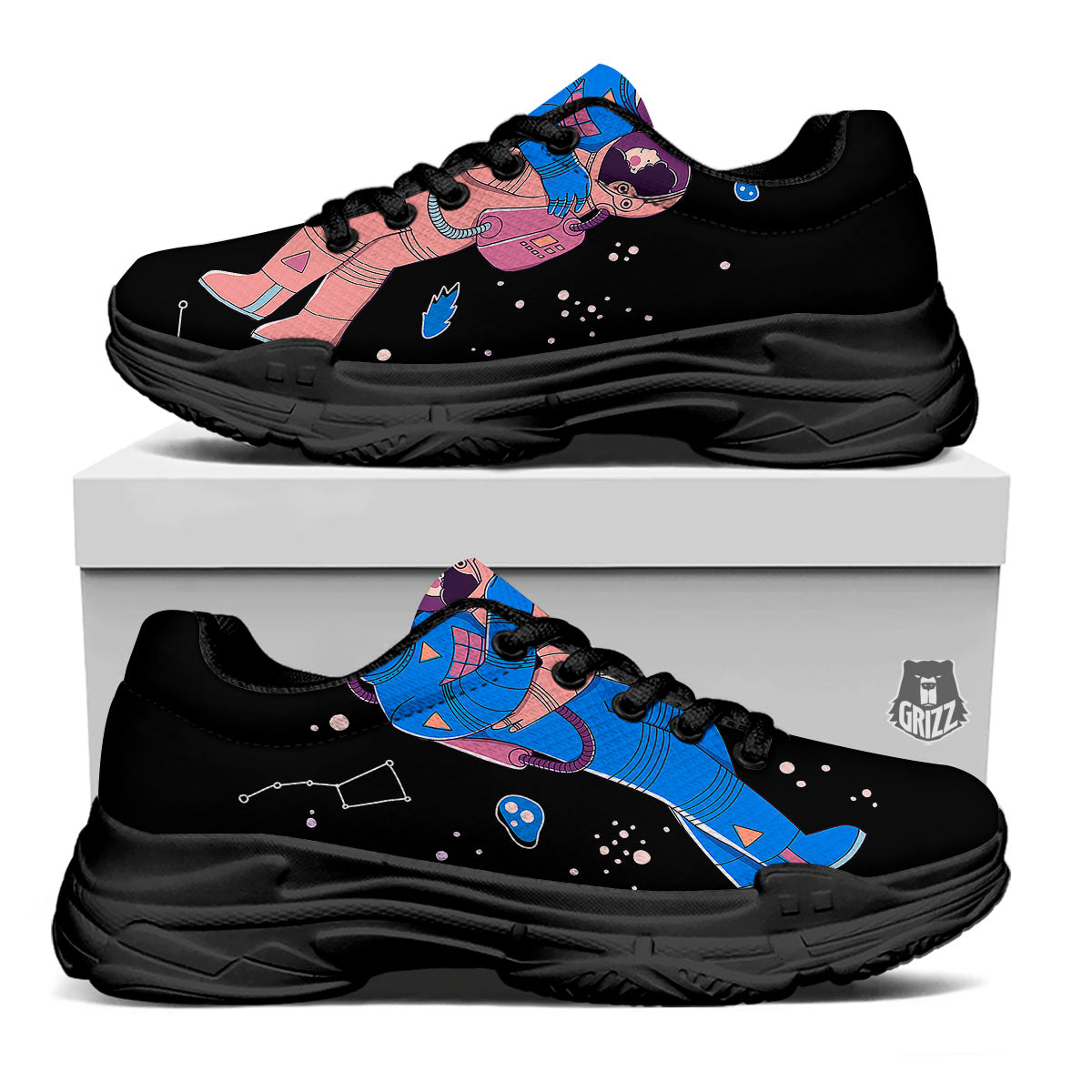 Couple Astronaut Travel In Space Print Black Chunky Shoes-grizzshop