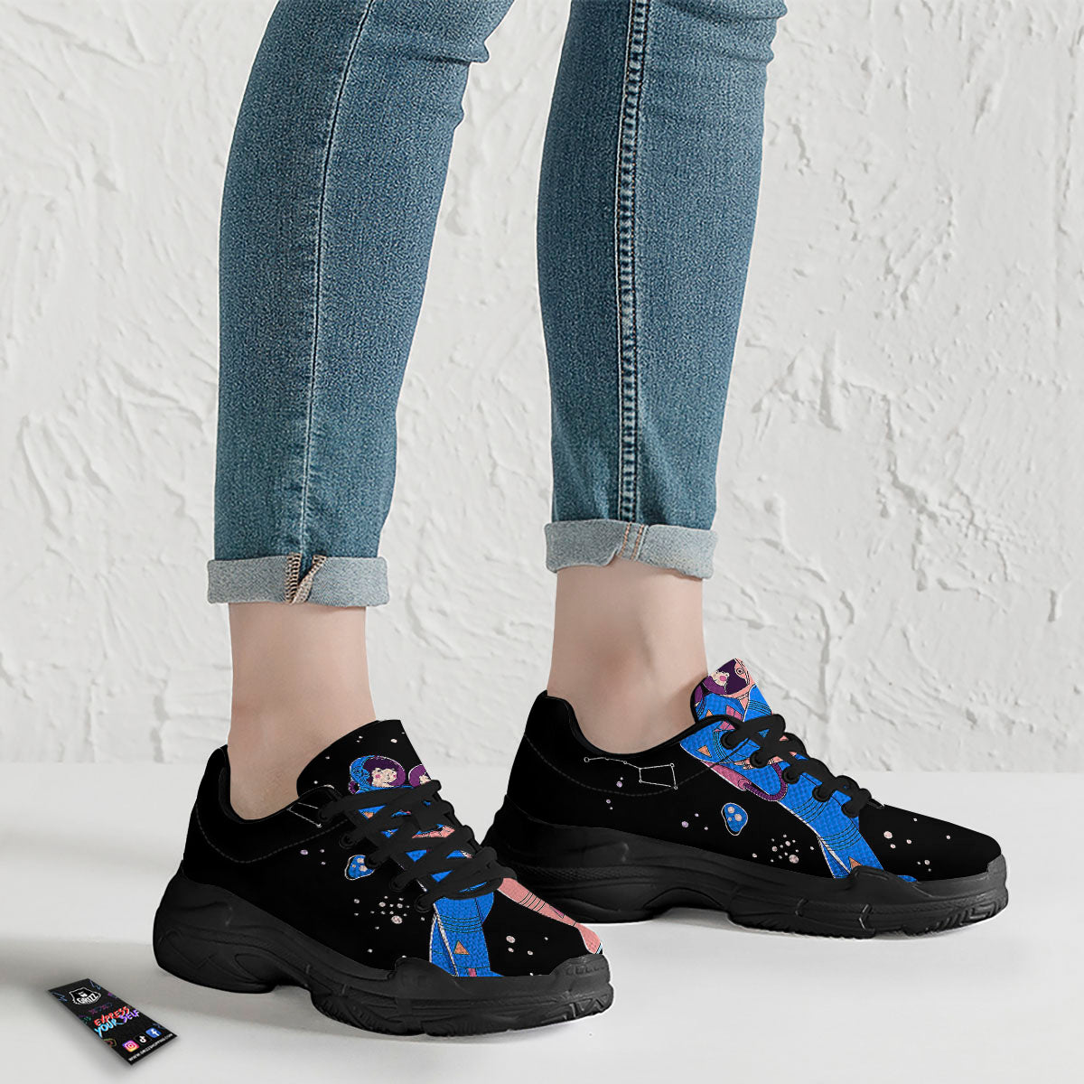 Couple Astronaut Travel In Space Print Black Chunky Shoes-grizzshop