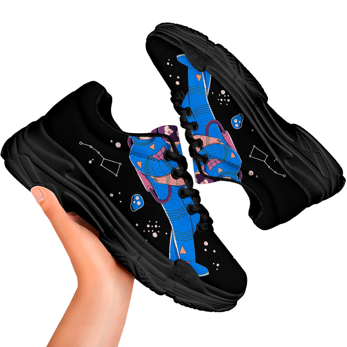 Couple Astronaut Travel In Space Print Black Chunky Shoes-grizzshop
