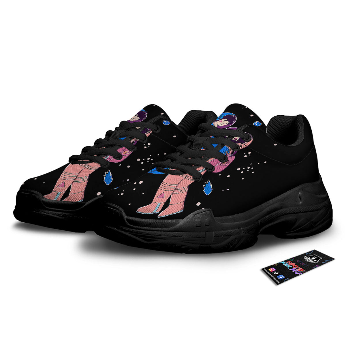 Couple Astronaut Travel In Space Print Black Chunky Shoes-grizzshop
