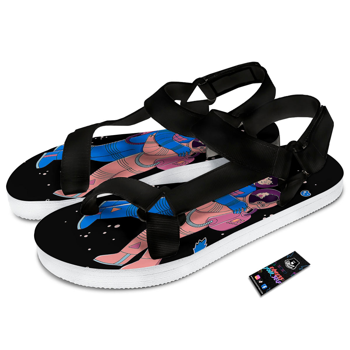 Couple Astronaut Travel In Space Print Black Open Toe Sandals-grizzshop