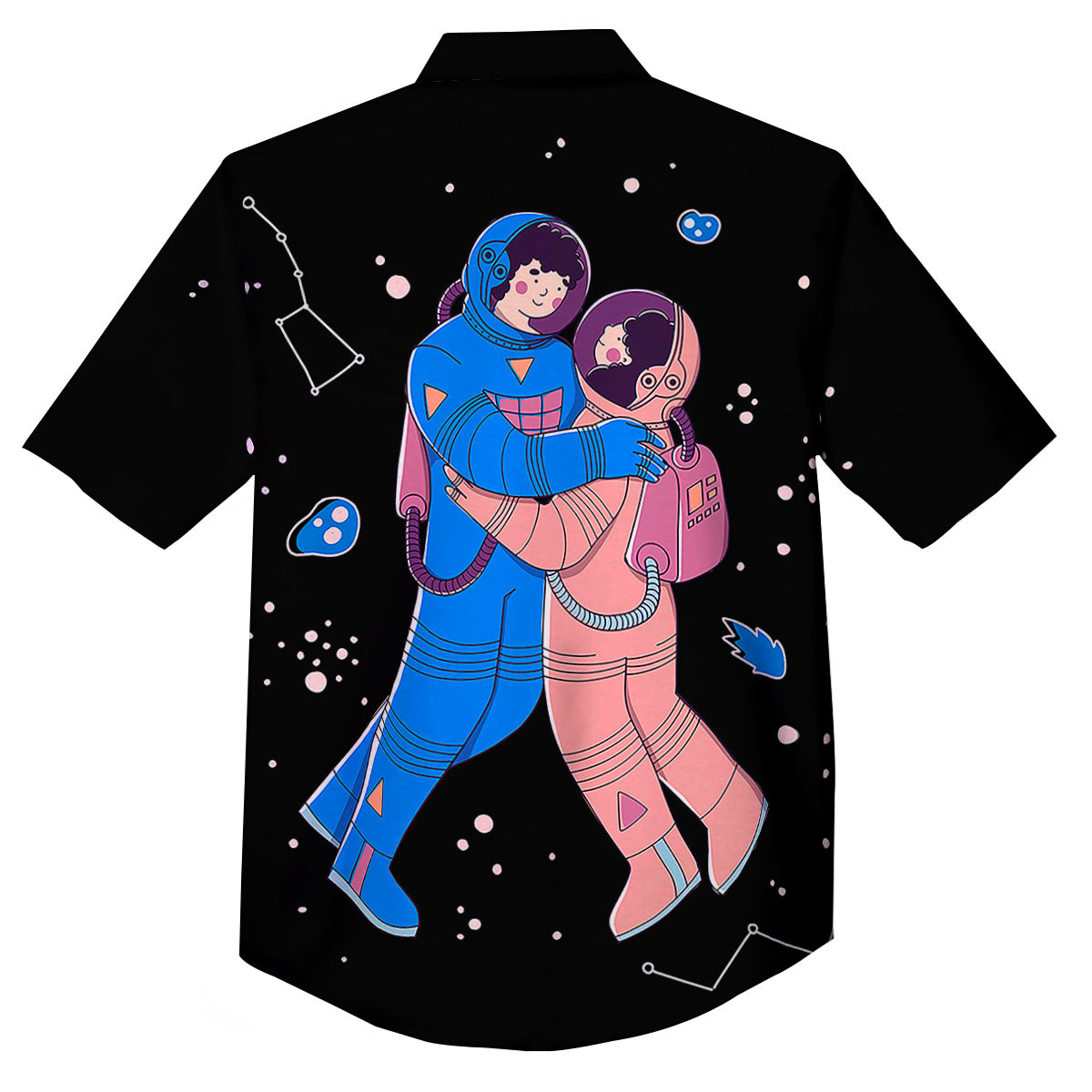 Couple Astronaut Travel In Space Print Button Up Shirt-grizzshop