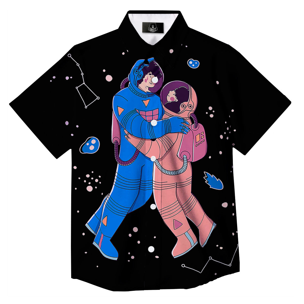 Couple Astronaut Travel In Space Print Button Up Shirt-grizzshop