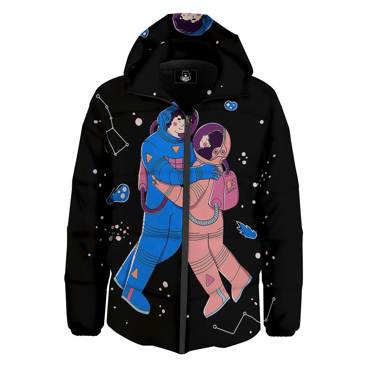 Couple Astronaut Travel In Space Print Down Jacket-grizzshop