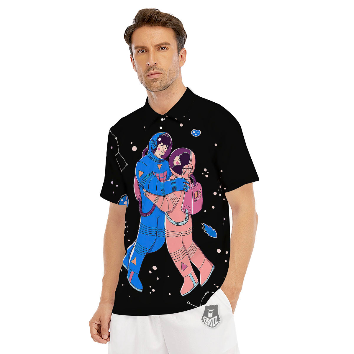 Couple Astronaut Travel In Space Print Men's Golf Shirts-grizzshop