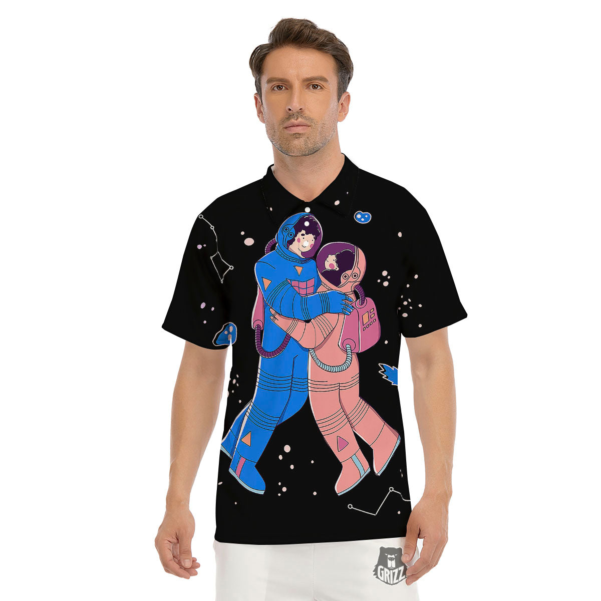 Couple Astronaut Travel In Space Print Men's Golf Shirts-grizzshop