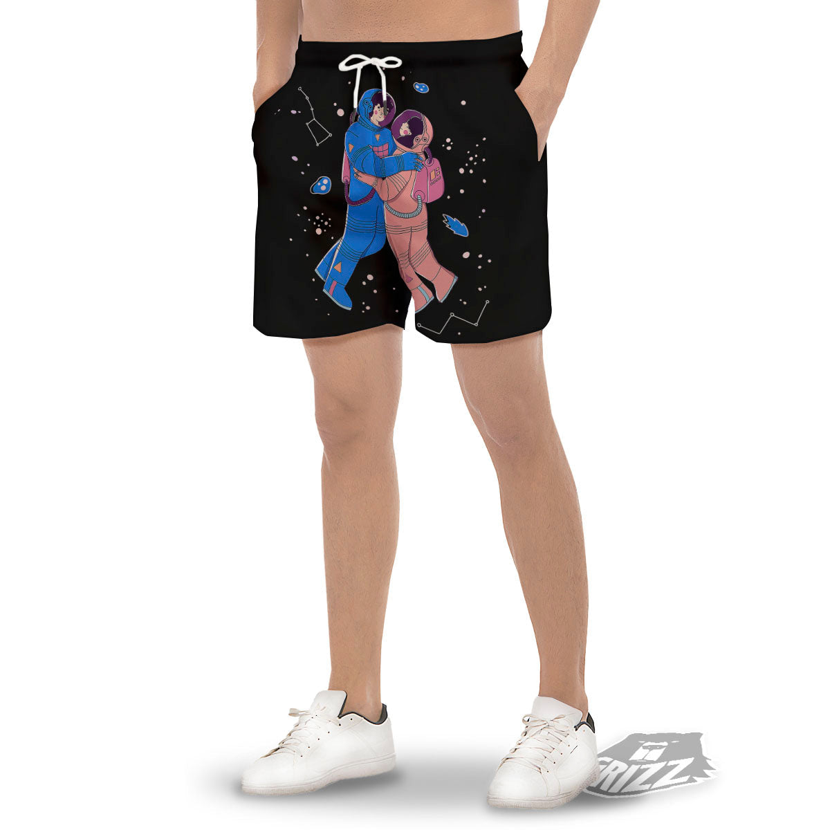Couple Astronaut Travel In Space Print Men's Gym Shorts-grizzshop