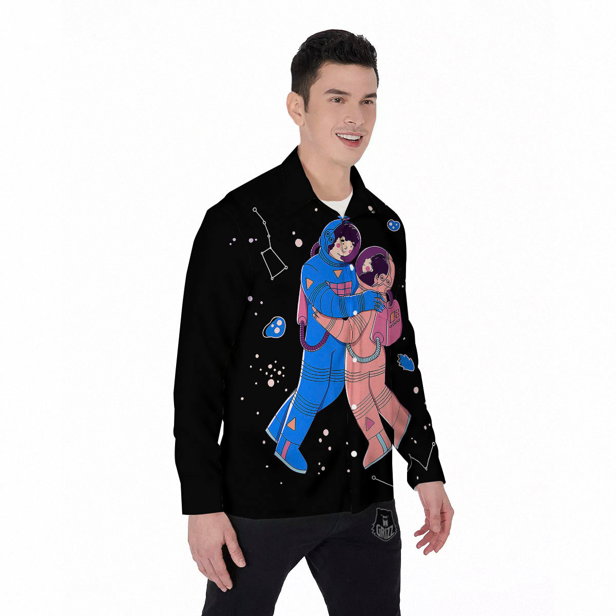 Couple Astronaut Travel In Space Print Men's Long Sleeve Shirts-grizzshop