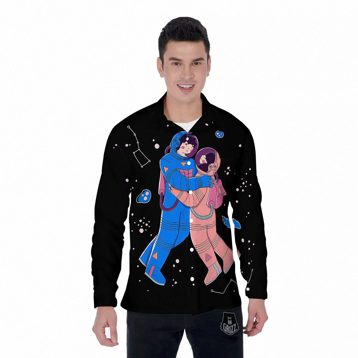 Couple Astronaut Travel In Space Print Men's Long Sleeve Shirts-grizzshop