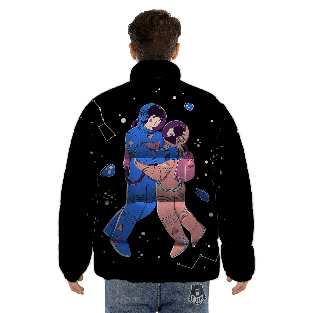 Couple Astronaut Travel In Space Print Puffer Jacket-grizzshop
