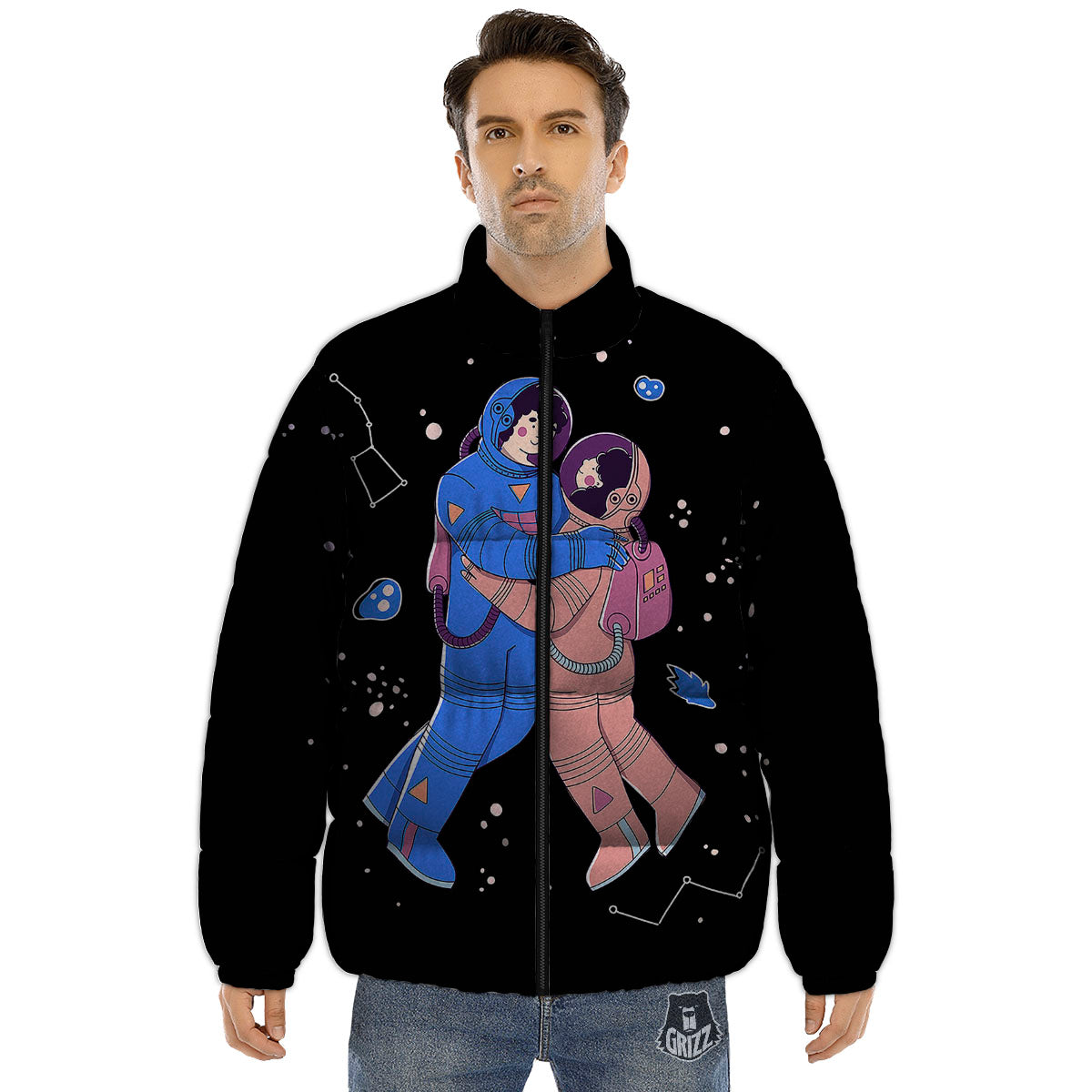 Couple Astronaut Travel In Space Print Puffer Jacket-grizzshop