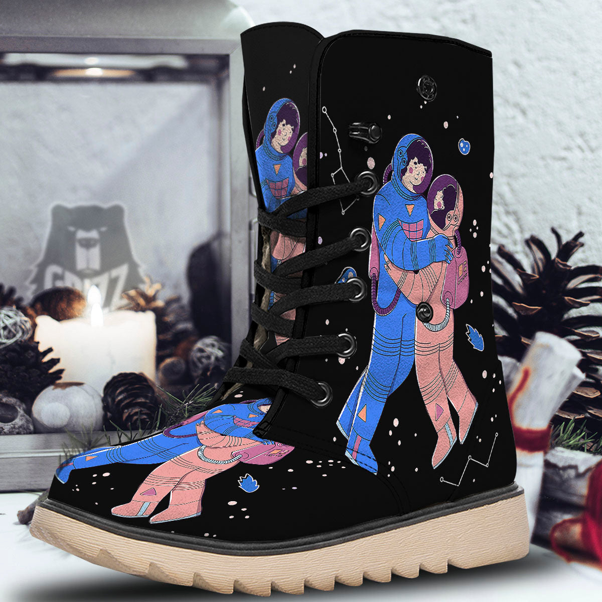Couple Astronaut Travel In Space Print Snow Boots-grizzshop