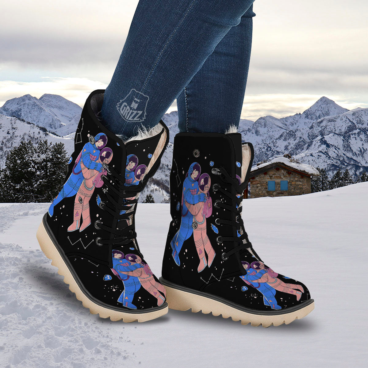 Couple Astronaut Travel In Space Print Snow Boots-grizzshop