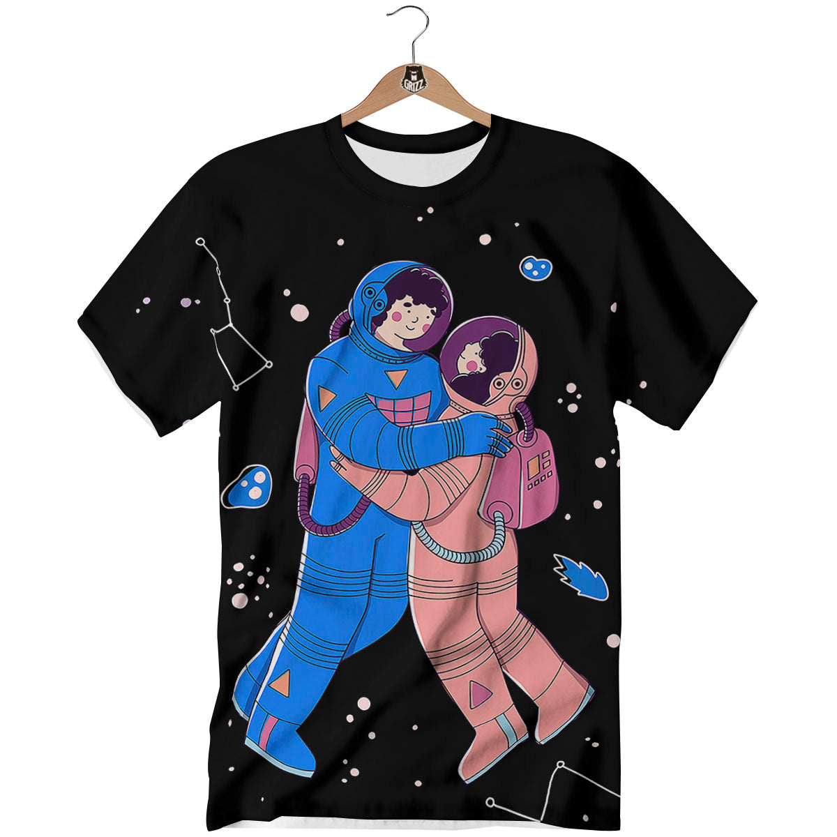 Couple Astronaut Travel In Space Print T-Shirt-grizzshop