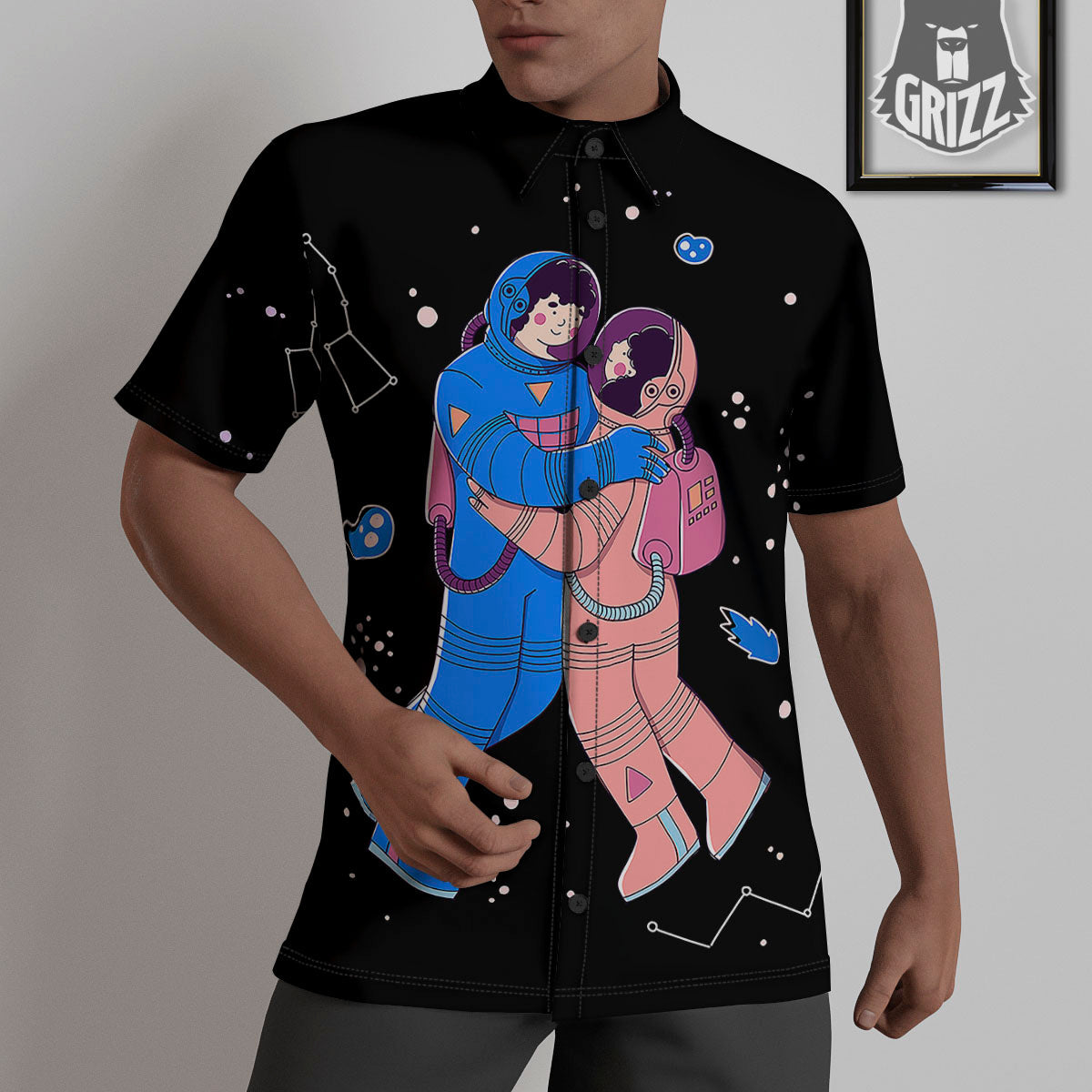 Couple Astronaut Travel In Space Print Untucked Shirts-grizzshop