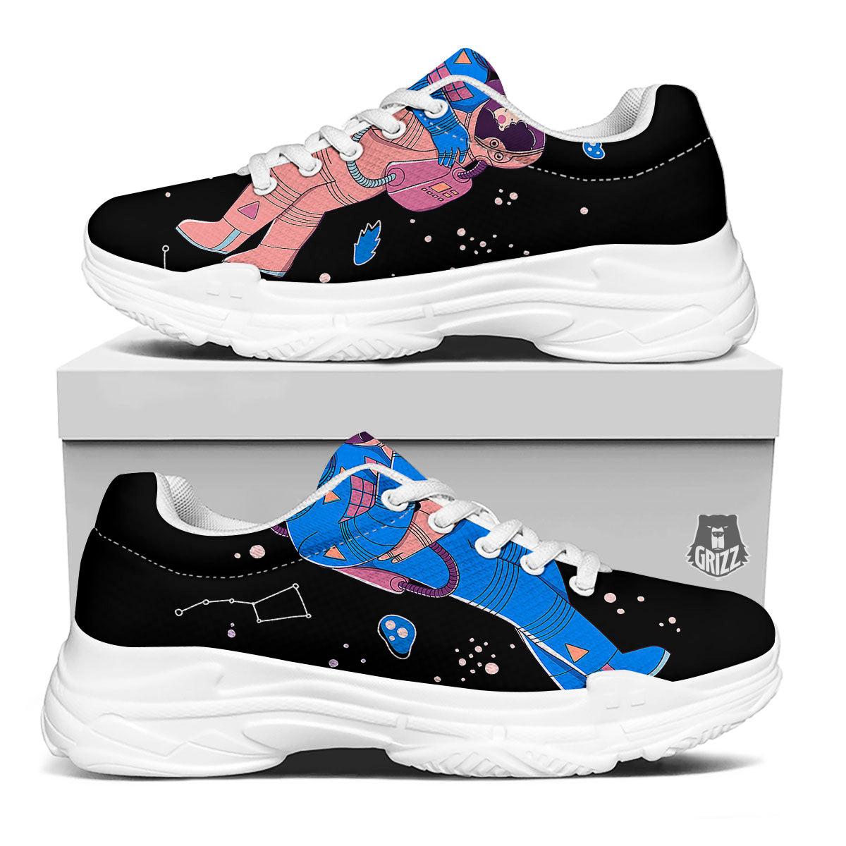 Couple Astronaut Travel In Space Print White Chunky Shoes-grizzshop