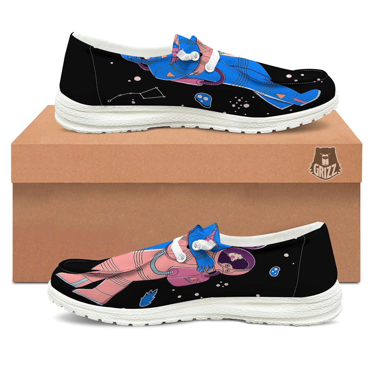 Couple Astronaut Travel In Space Print White Loafers-grizzshop