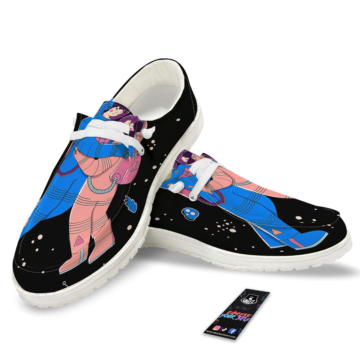 Couple Astronaut Travel In Space Print White Loafers-grizzshop