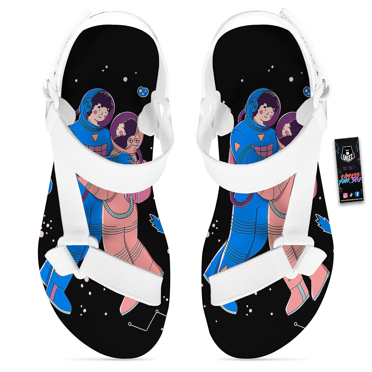 Couple Astronaut Travel In Space Print White Open Toe Sandals-grizzshop
