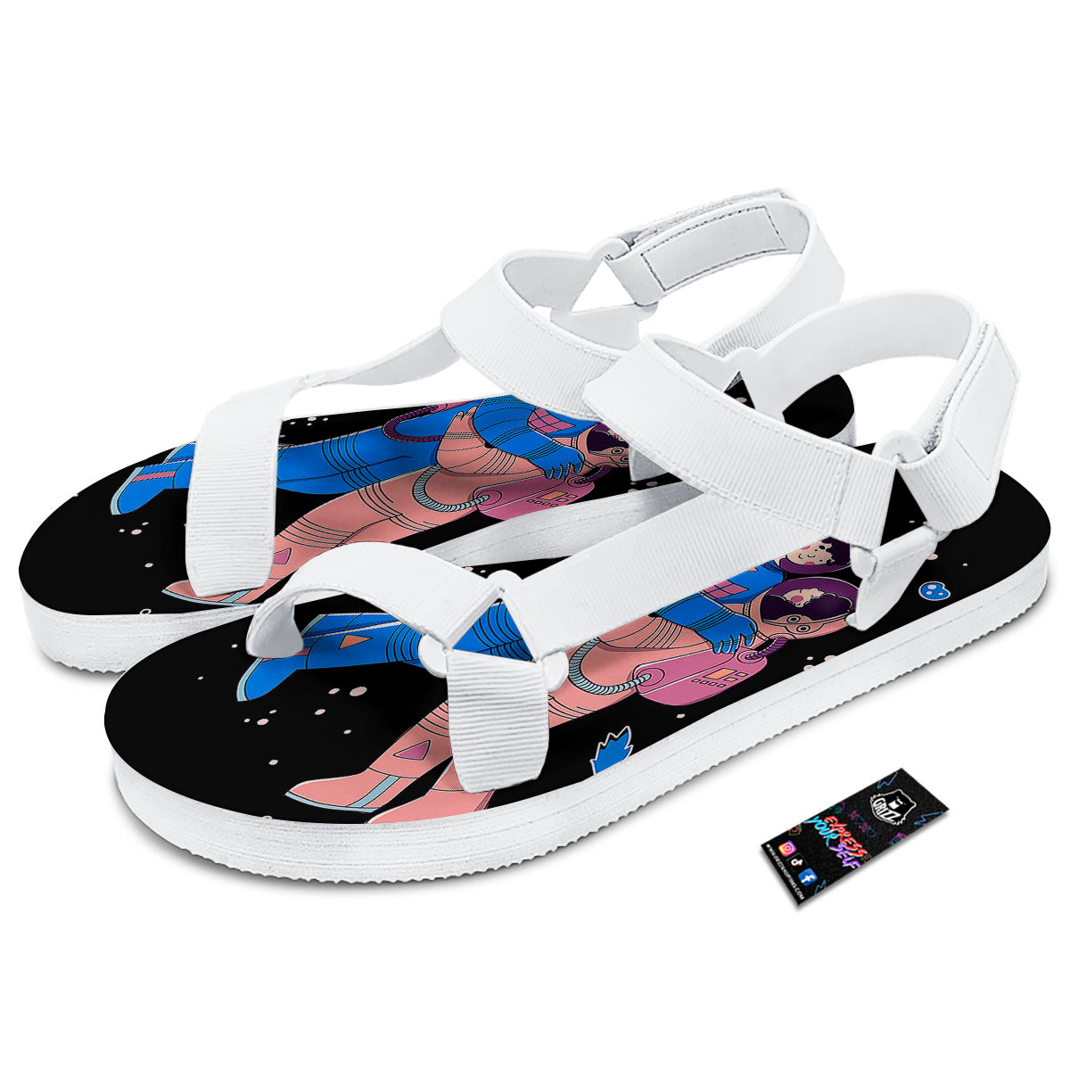 Couple Astronaut Travel In Space Print White Open Toe Sandals-grizzshop