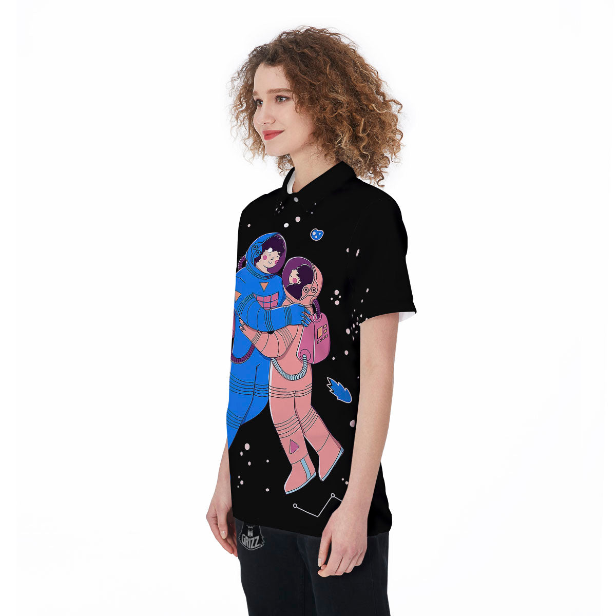 Couple Astronaut Travel In Space Print Women's Golf Shirts-grizzshop