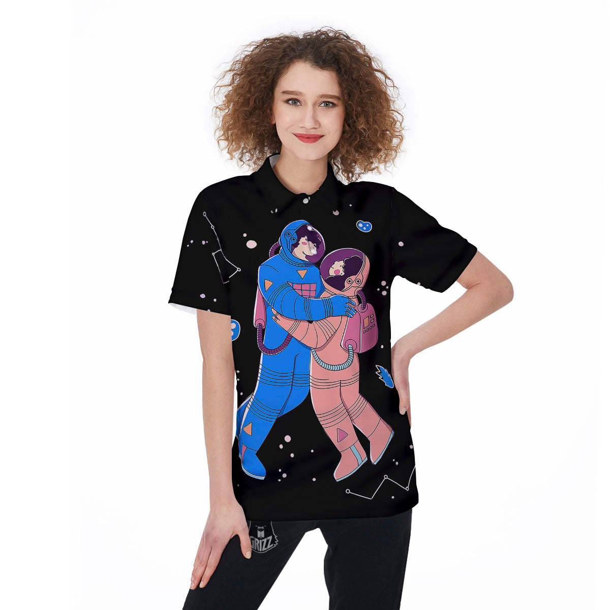 Couple Astronaut Travel In Space Print Women's Golf Shirts-grizzshop