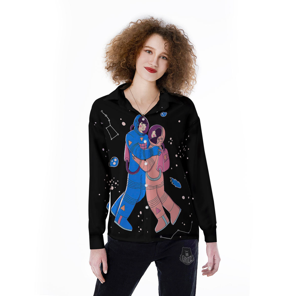 Couple Astronaut Travel In Space Print Women's Long Sleeve Shirts-grizzshop
