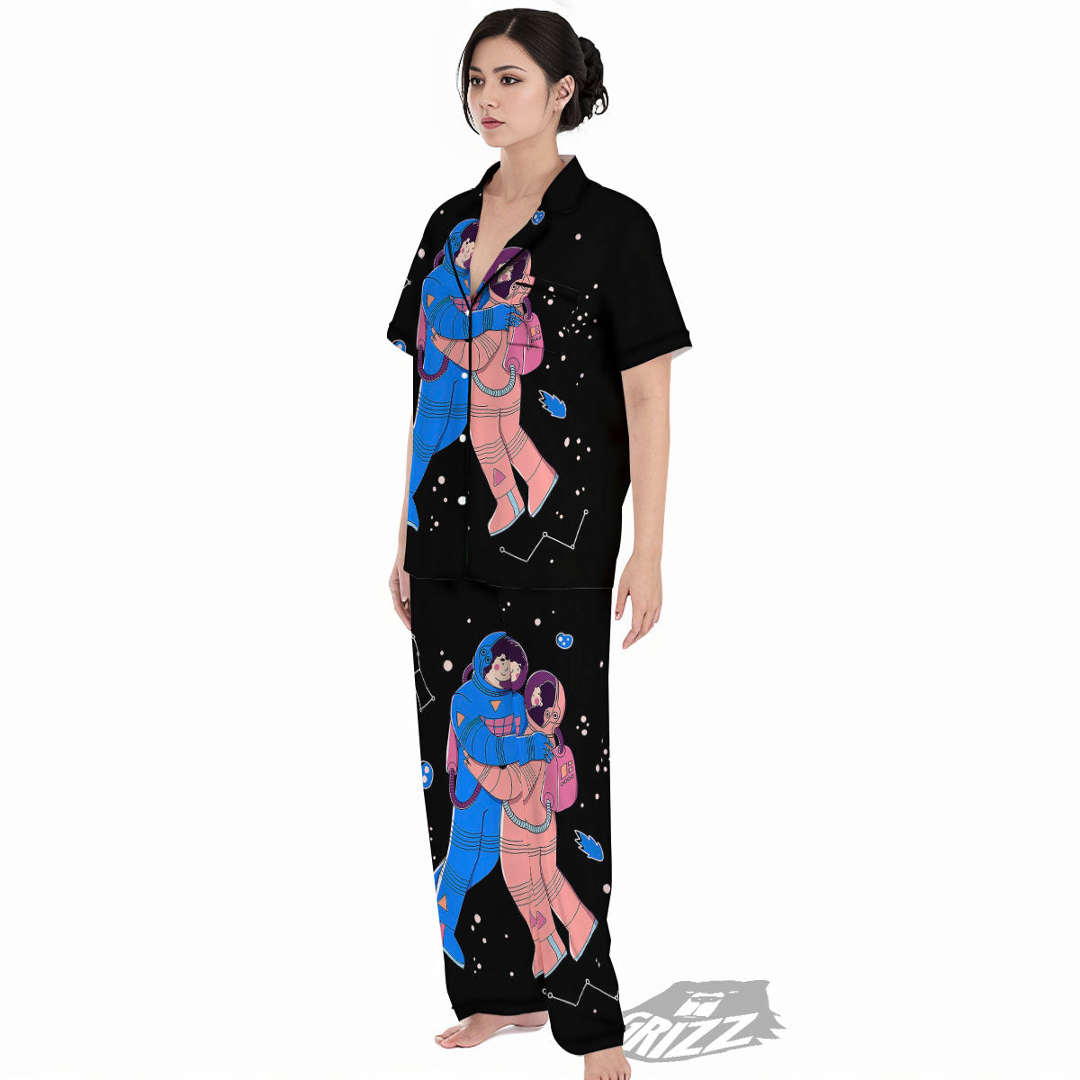 Couple Astronaut Travel In Space Print Women's Pajamas Set-grizzshop