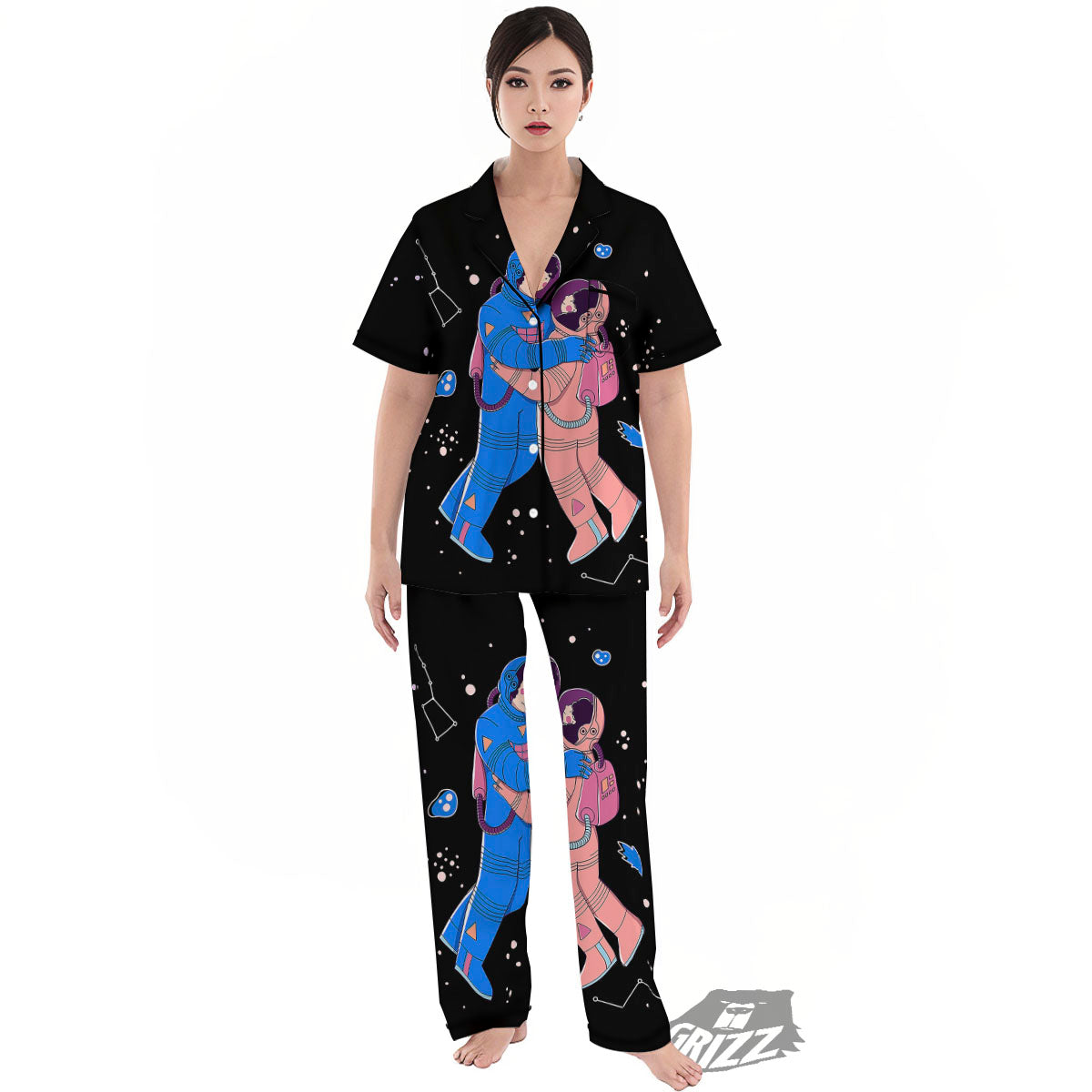 Couple Astronaut Travel In Space Print Women's Pajamas Set-grizzshop