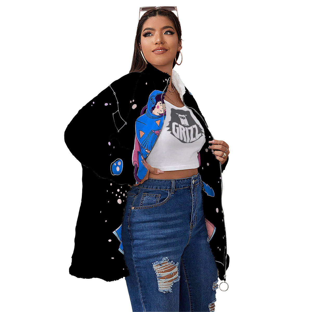 Couple Astronaut Travel In Space Print Women's Sherpa Jacket-grizzshop